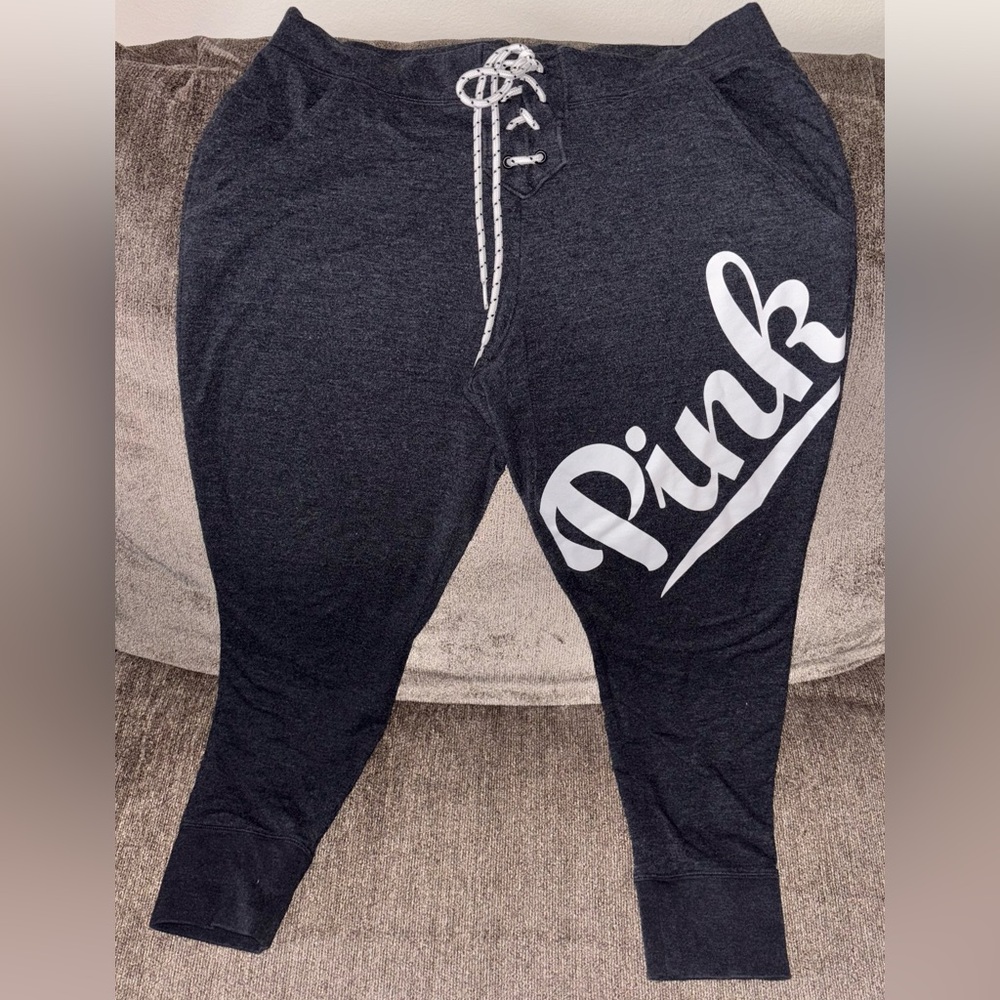 PINK Victoria’s Secret Lace-Up Joggers Dark Gray Sweatpants Cozy Lounge XS/S